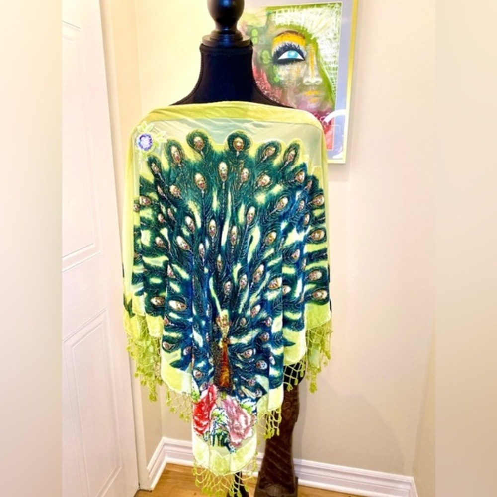 🦚 Vintage Lace couture poncho,velvet,sequins,hand stitched peacock & beading ✨